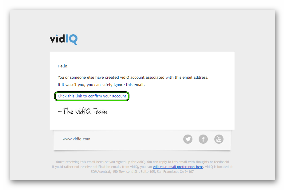Подтверждение регистрации в сервисе vidIQ