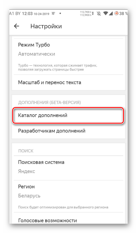Пункт Каталог дополнений
